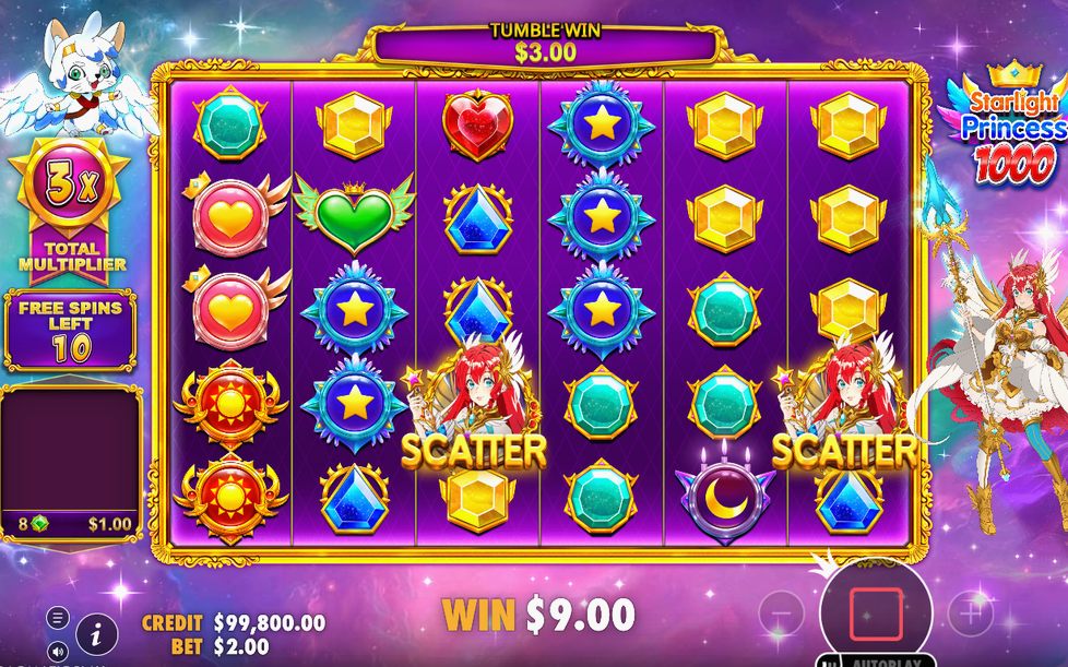 Free Spins screen on purple starfield reels