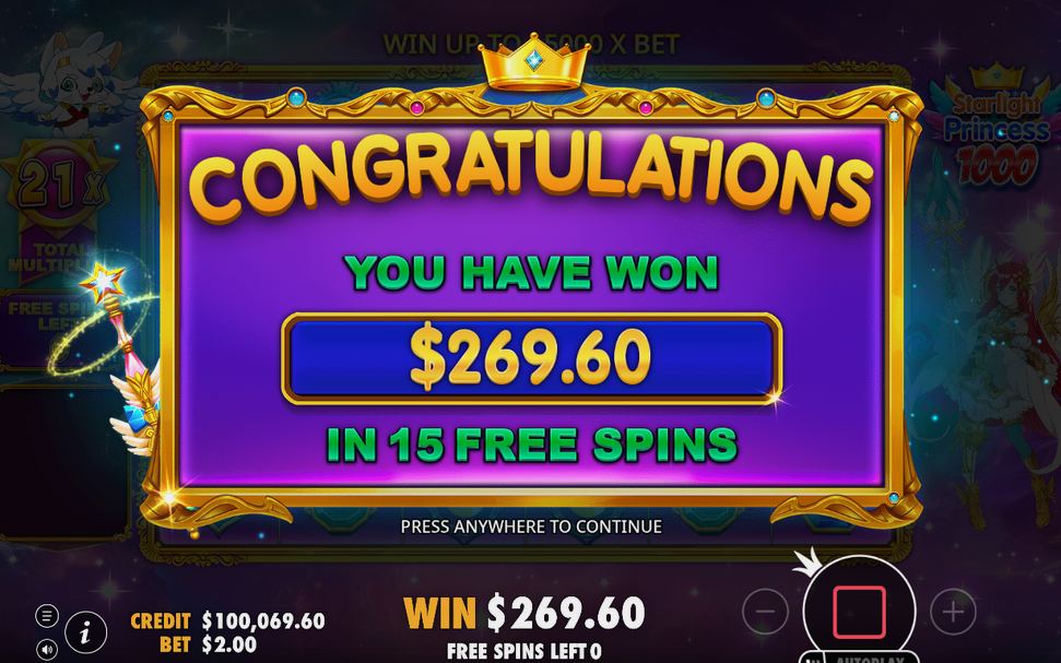 Win screen with the total sequence payout after a tumble